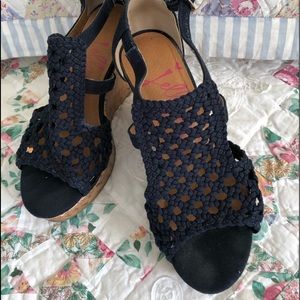 Navy blue dress wedge sandals.